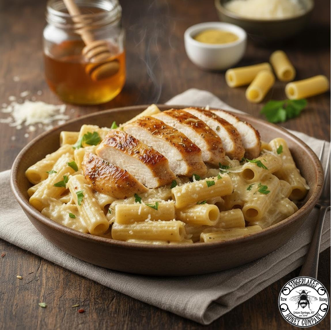 食器   ALFREDO Honey Mustard Chicken Alfredo Pasta | Fingerlakes Honey Company